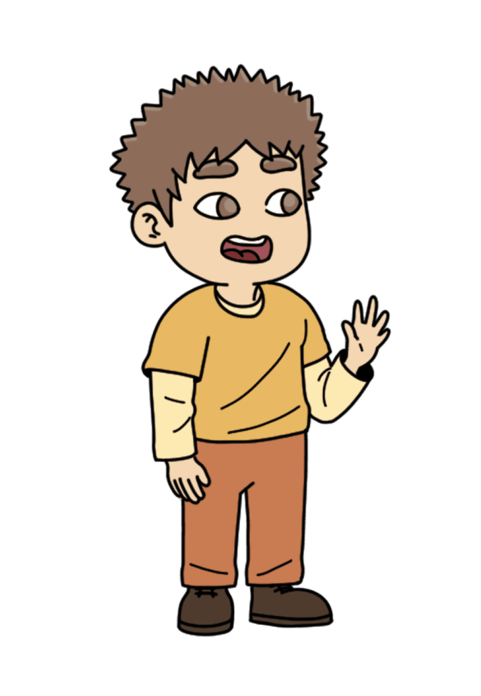 Dan, a young Obika Books character, waving hello.