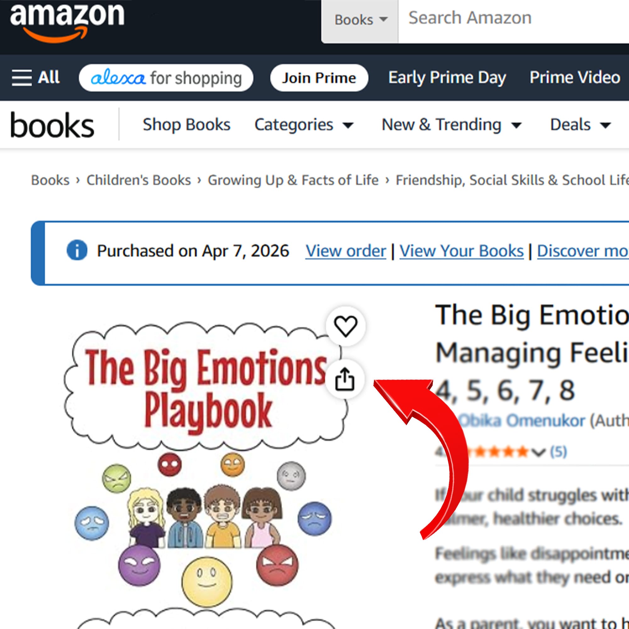 The Amazon share menu with an arrow pointing to the copy-link option.