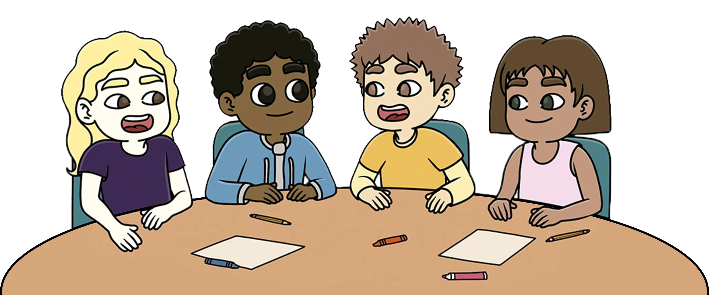 Children sitting around a table with crayons